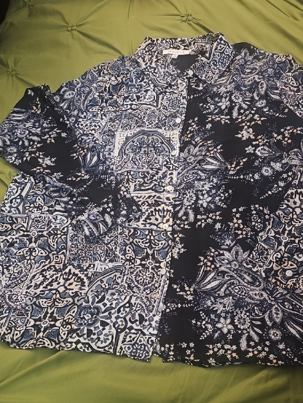 Rose & Olive Navy and Cream Paisley-Print Button Shirt